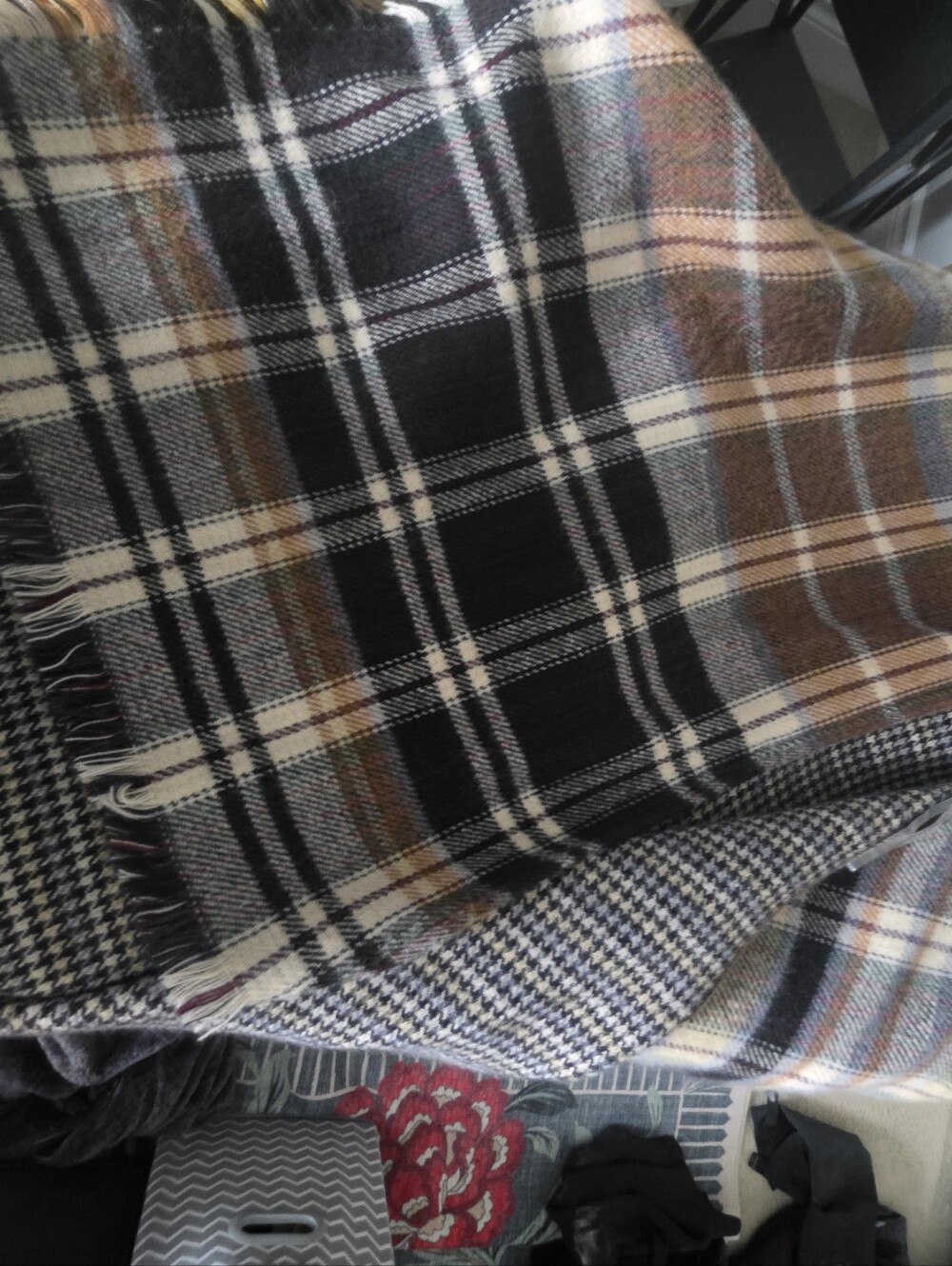 Plaid Women Cape/ Scarf in Black, Brown and Cream Reversable